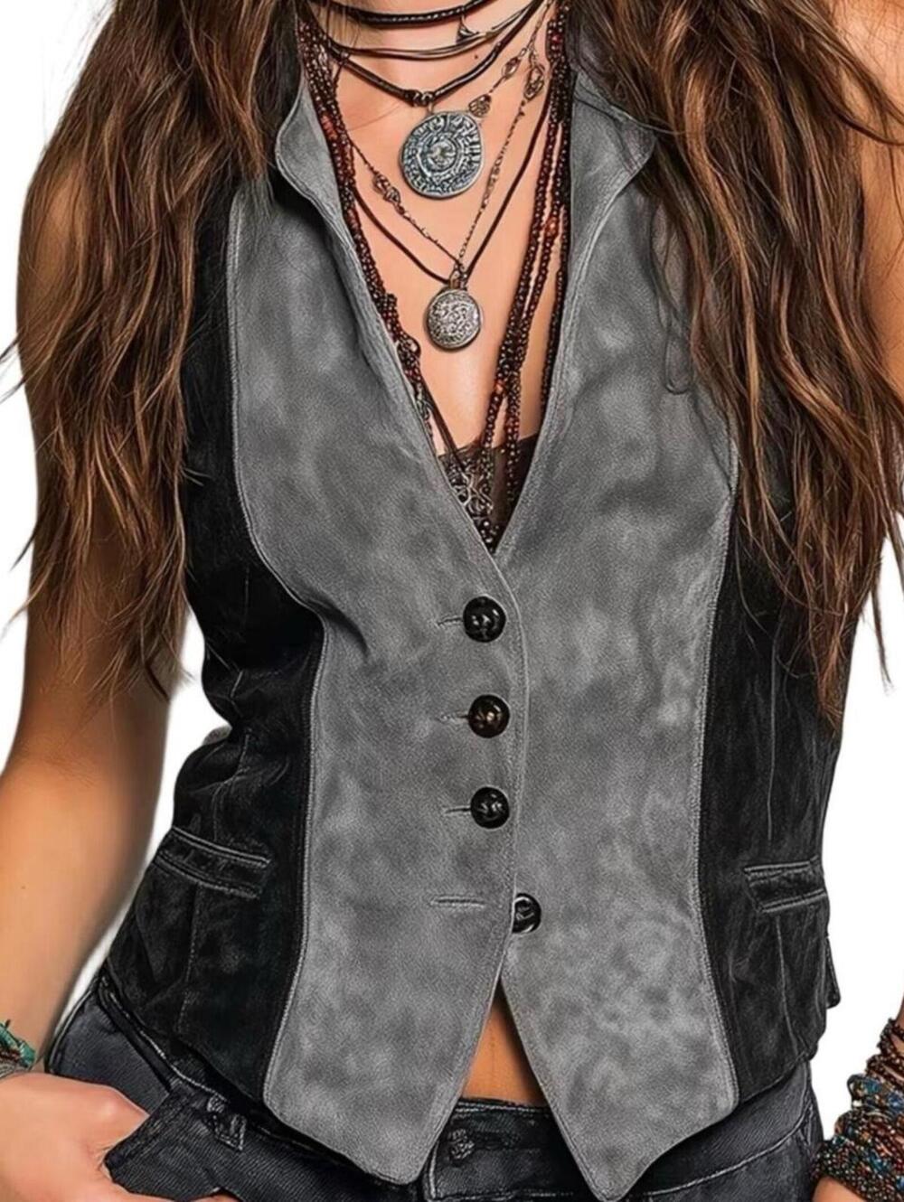 NWT Retro Faux Suede Vest Black Gray Western Boho Biker Button Front Waistcoat